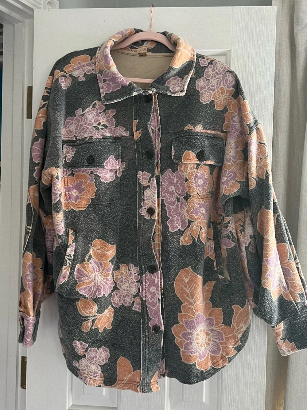Free People Floral Button-Front Shacket in Gray, Peach & Lavender - Picture 3 of 4